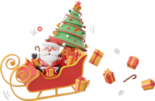 Santa Claus and Christmas tree and gift on sleigh, Christmas theme elements 3d illustration png