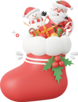 Santa Claus and snowman with decorations in Christmas sock, Christmas theme elements 3d illustration png