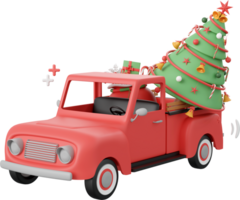 Red truck with Christmas tree, Christmas theme elements 3d illustration png