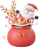 Cute Santa Claus and reindeer with Christmas gift bag, Christmas theme elements 3d illustration png