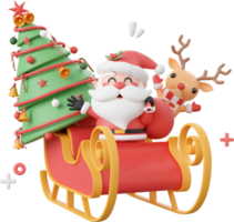 Cute Santa Claus and reindeer with sleigh and Christmas tree, Christmas theme elements 3d illustration png
