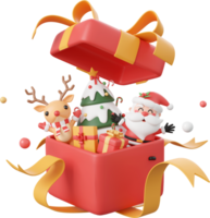 Santa Claus and reindeer with decorations in opened gift box, Christmas theme elements 3d illustration png