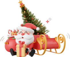 Santa claus mit Weihnachten Baum auf Schlitten, Weihnachten Thema Elemente 3d Illustration png