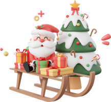 Santa Claus and Christmas gift on sleigh with Christmas tree, Christmas theme elements 3d illustration png