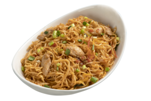 A stylish bowl of chicken noodles with onion png