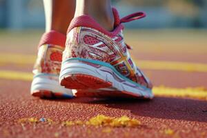 Close up view of runner sport shoes sprint running on track. Training for marathon. photo