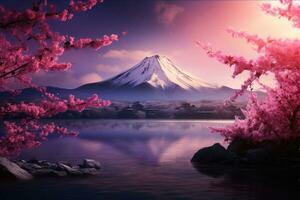 Fuji mountain view and cherry blossoms with reflection on the lake in spring. Generative AI photo