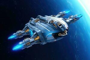 A futuristic intergalactic spaceship on the background of a blue planet. Generative AI photo
