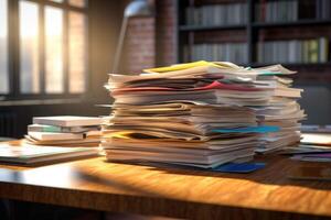 Office desk with an organized stack of papers. Unfinished documents on office desk. photo