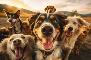 un grupo de perros tomando un selfie en un borroso antecedentes. generativo ai foto