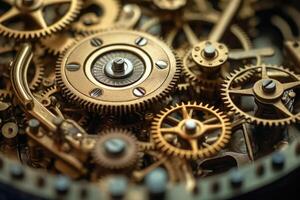 Gears and cogs mechanism. Clockwork of a watch with jewels Industrial machinery. Generative AI photo