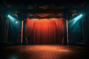 Stage with velvet curtains, lights dimmed, spotlight focused on the center. Generative AI photo