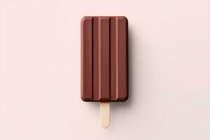 Chocolate block of ice cream on stick. Popsicle. Generative AI photo