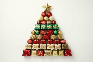 Christmas background with christmas tree made of colorful gift boxes and presents. AI generated photo