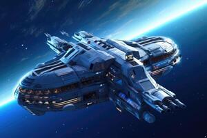 A futuristic intergalactic spaceship on the background of a blue planet. photo
