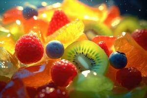 Extreme close up of an juicy fruit salad. Background of healthy fresh fruits. Generative AI photo