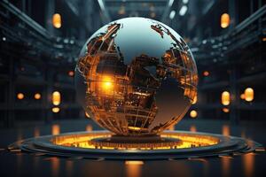World globe in cyber world of information. Future and industry concept with communication and technology. photo