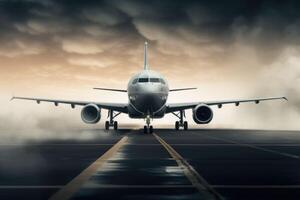 A white airplane is on the runway in the mist. Commercial plane is landing. photo