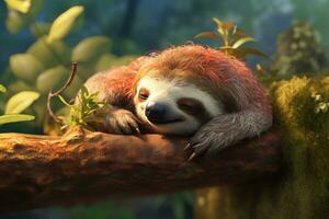 A sloth sleeping in the jungle. Lazy animal character. Generative AI photo