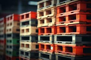 de madera paletas apilado en un almacén en borroso antecedentes. generativo ai foto