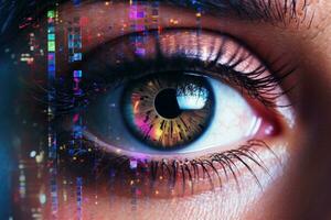 Close up of binary code reflected in the eye. Generative AI photo