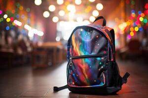 School backpack on blurred background. Back to school, education, study concept. Generative AI photo