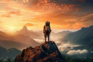 turista con mochila en el pico mira en el puesta de sol. deporte y activo vida concepto. generativo ai foto