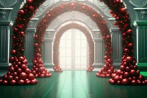 arco hecho de Navidad árbol pelotas con decoración. rojo Navidad decoraciones ai generado foto