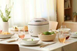 A minimalist bright kitchen with a rice cooker and dishes on top of the dining table. Generative AI photo