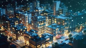 smart city in the night background. building with connection line. digital social network as modern house and office data communication. photo