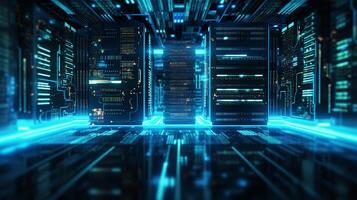 database server. super computer stores big data digital information. Hi tech technology background. photo