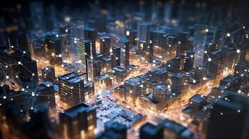 smart city in the night background. building with connection line. digital social network as modern house and office data communication. photo