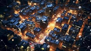 smart city in the night background. building with connection line. digital social network as modern house and office data communication. photo