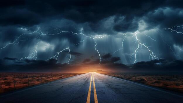 relámpago Huelga en vacío la carretera con nublado cielo antecedentes. generativo ai foto