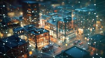 smart city in the night background. building with connection line. digital social network as modern house and office data communication. photo