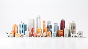 miniatura edificios en blanco antecedentes. ahorro dinero y propiedad inversión concepto. generativo ai foto