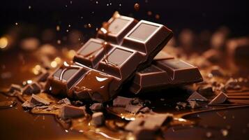 chocolate bar and melted chocolate splash on dark background. close up and selective focus. generative AI photo