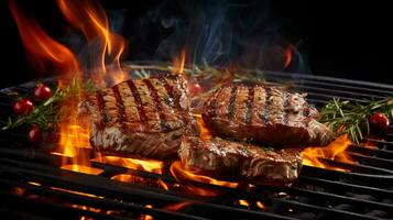 beef steak with brown crust grilled on searing pan. generative AI photo