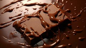 chocolate bar y Derretido chocolate chapoteo en oscuro antecedentes. generativo ai foto