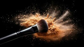 face brush with powder foundation explode on black background. facial cosmetics makeup. generative AI photo