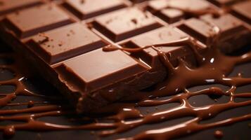 chocolate bar and melted chocolate splash on dark background. close up and selective focus. generative AI photo