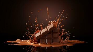 chocolate bar and melted chocolate splash on dark background.  generative AI photo