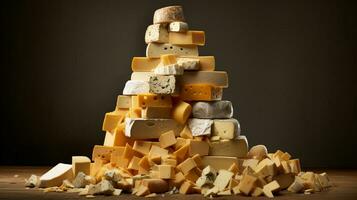 pile of cheeses on wooden board on dark background. generative AI photo