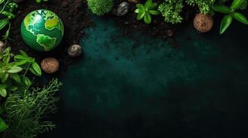 Earth Day for sale banner background with plants, plant seeds and miniature earth, photo