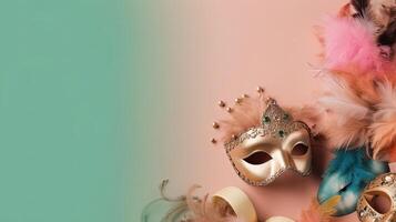 happy carnival day banner background with carnival masks, and carnival ornaments, AI Generative photo