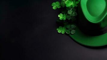 Perfect Concept Design background for St Patrick's sale banner with green hat and green leaves, AI Generative photo