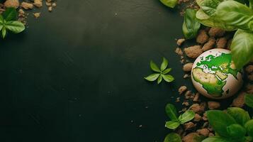 Top View of Earth Day Sale Banner with plant seeds and miniature earth on green background, AI Generative photo