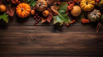 Top View of Thanksgiving day banner design of a collection of pumpkins and other vegetables, photo