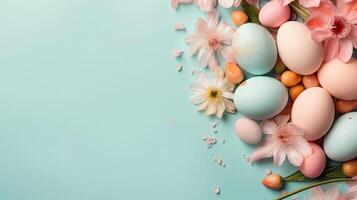 Top View of Happy Easter Day banner concept design of colorful eggs and plants on pastel background, AI Generative photo