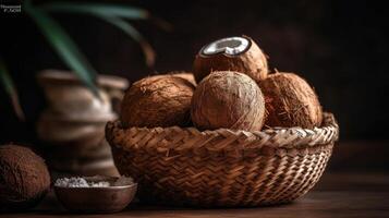 Coconuts fruits in a bamboo basket with blurred background, AI Generative photo